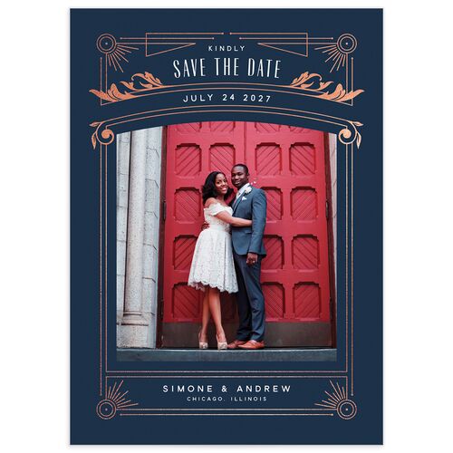 Ornate Elegance Save The Date Cards Rose Gold Navy Signature smooth No