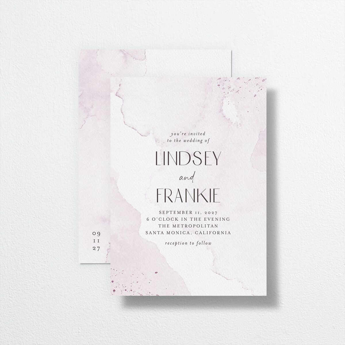 Watercolor Wash Wedding Invitations front-and-back in purple