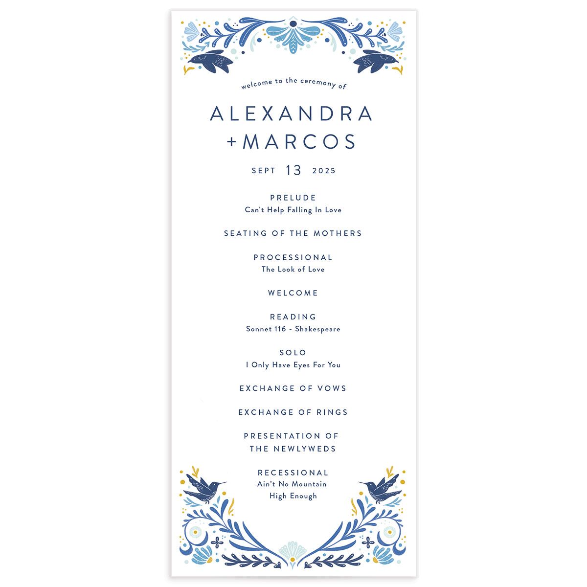 Folk Art Wedding Programs front in blue