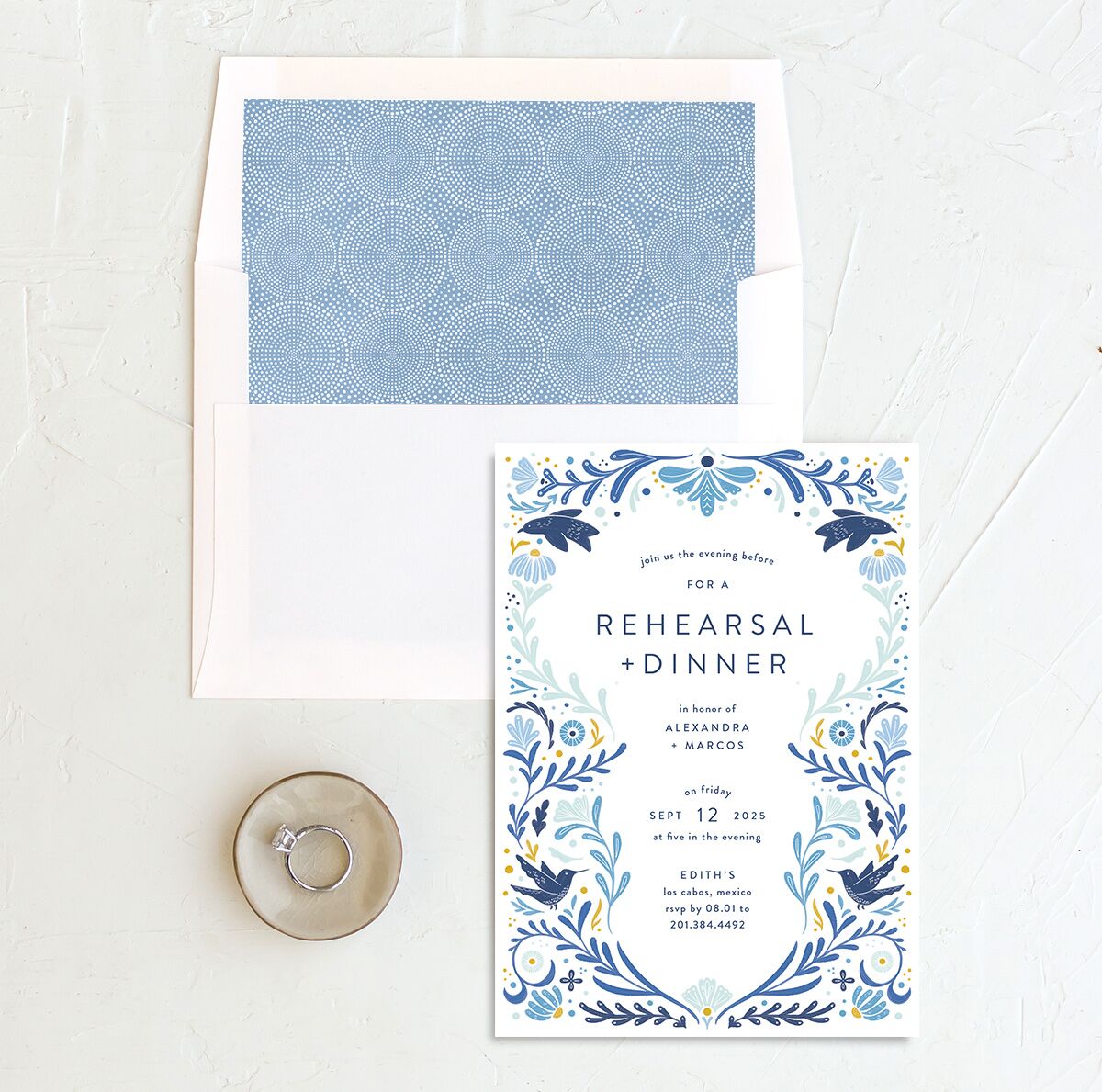 Folk Art Rehearsal Dinner Invitations envelope-and-liner in blue