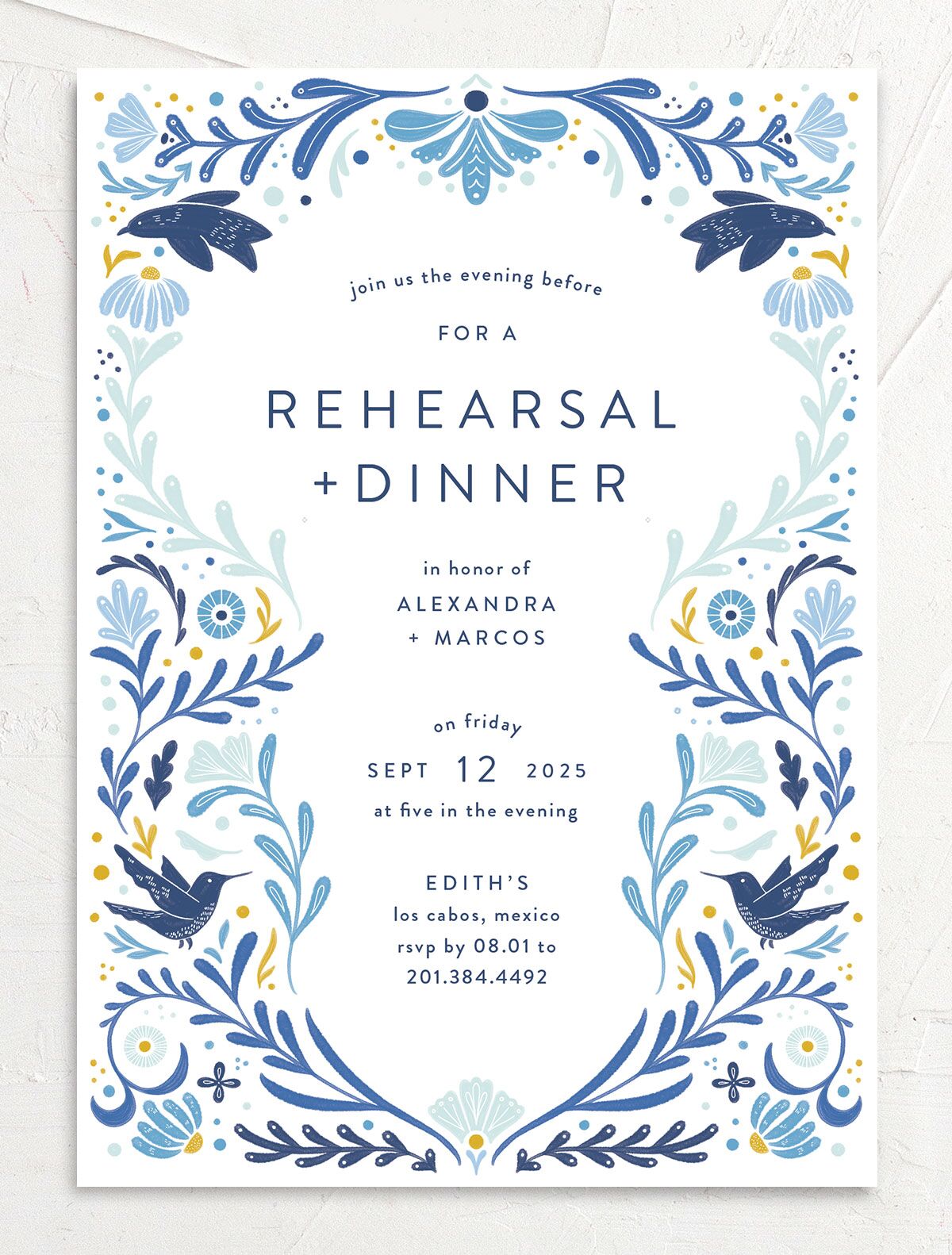 Folk Art Rehearsal Dinner Invitations front in blue
