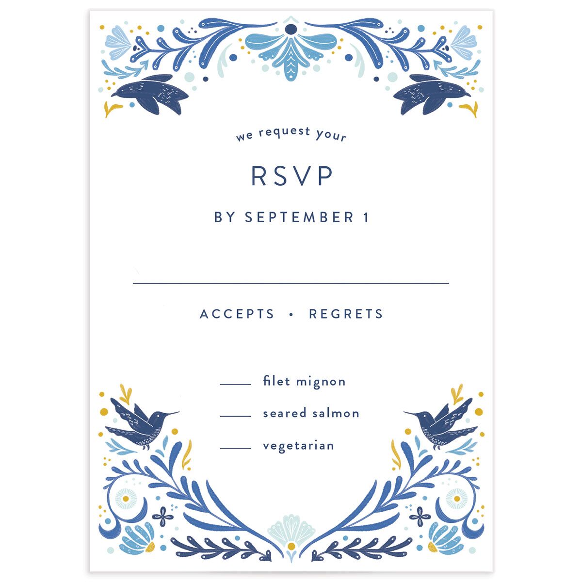 Folk Art Wedding Response Cards front in blue