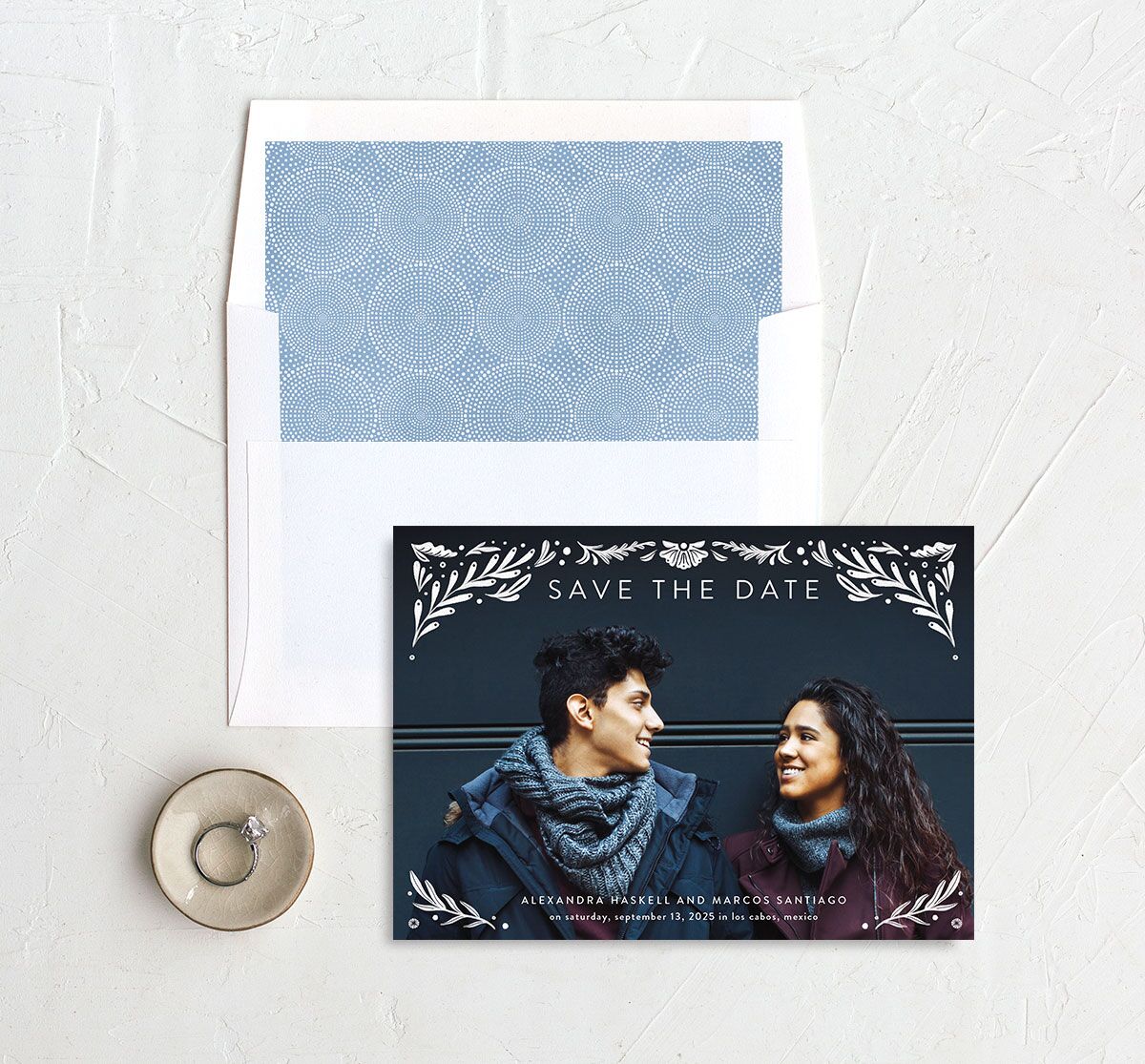 Folk Art Save The Date Cards envelope-and-liner in blue