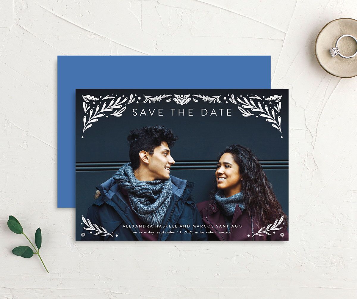 Folk Art Save The Date Cards front-and-back in blue