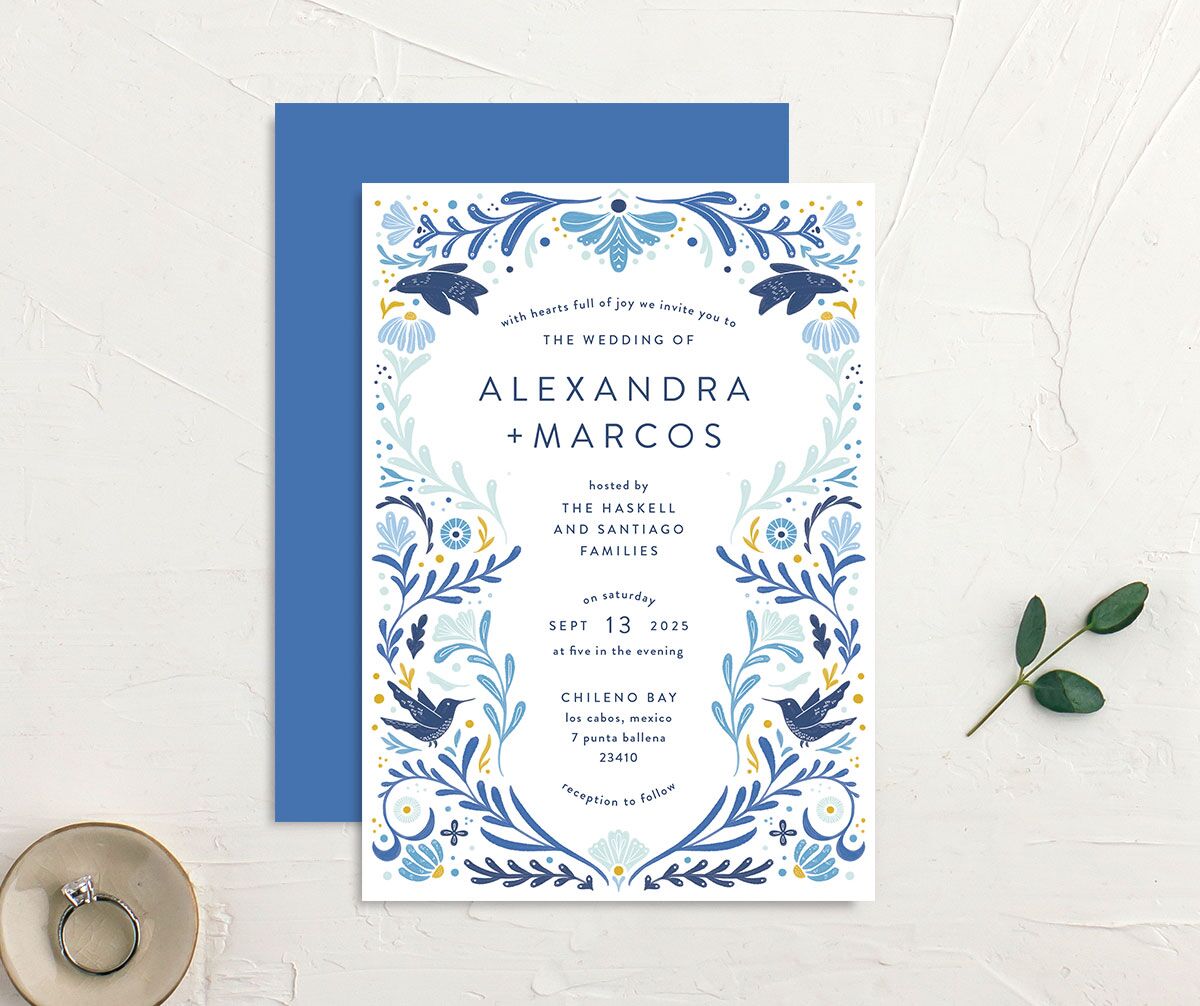 Folk Art Wedding Invitations front-and-back in blue