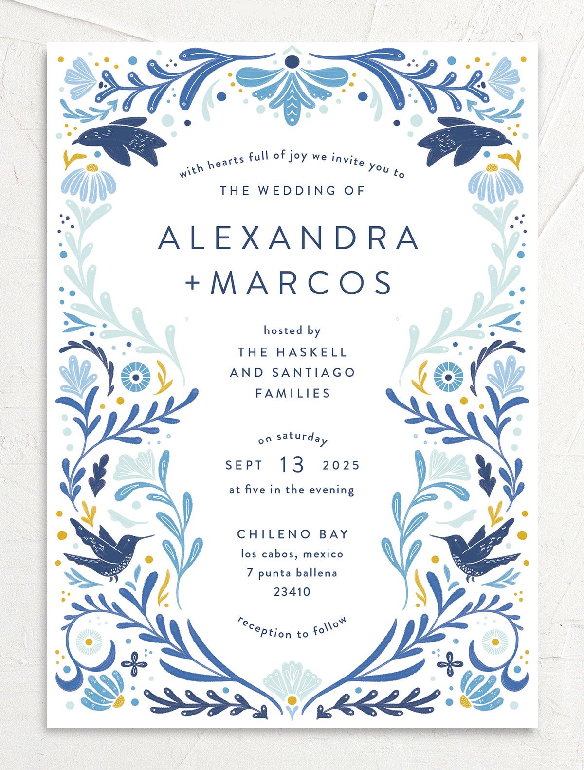Folk Art Wedding Invitations front in blue