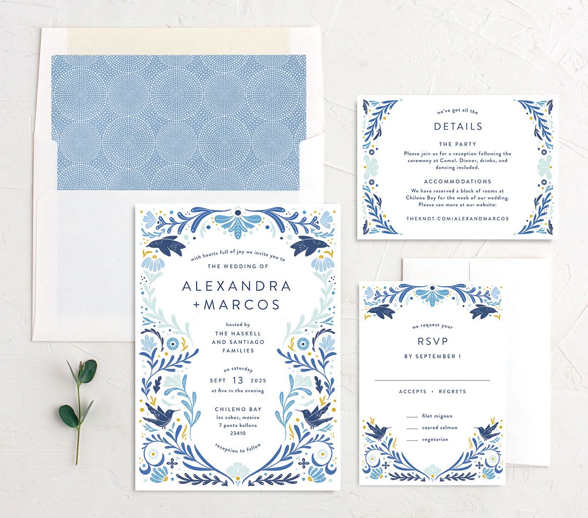 Folk Art Wedding Invitations suite in blue