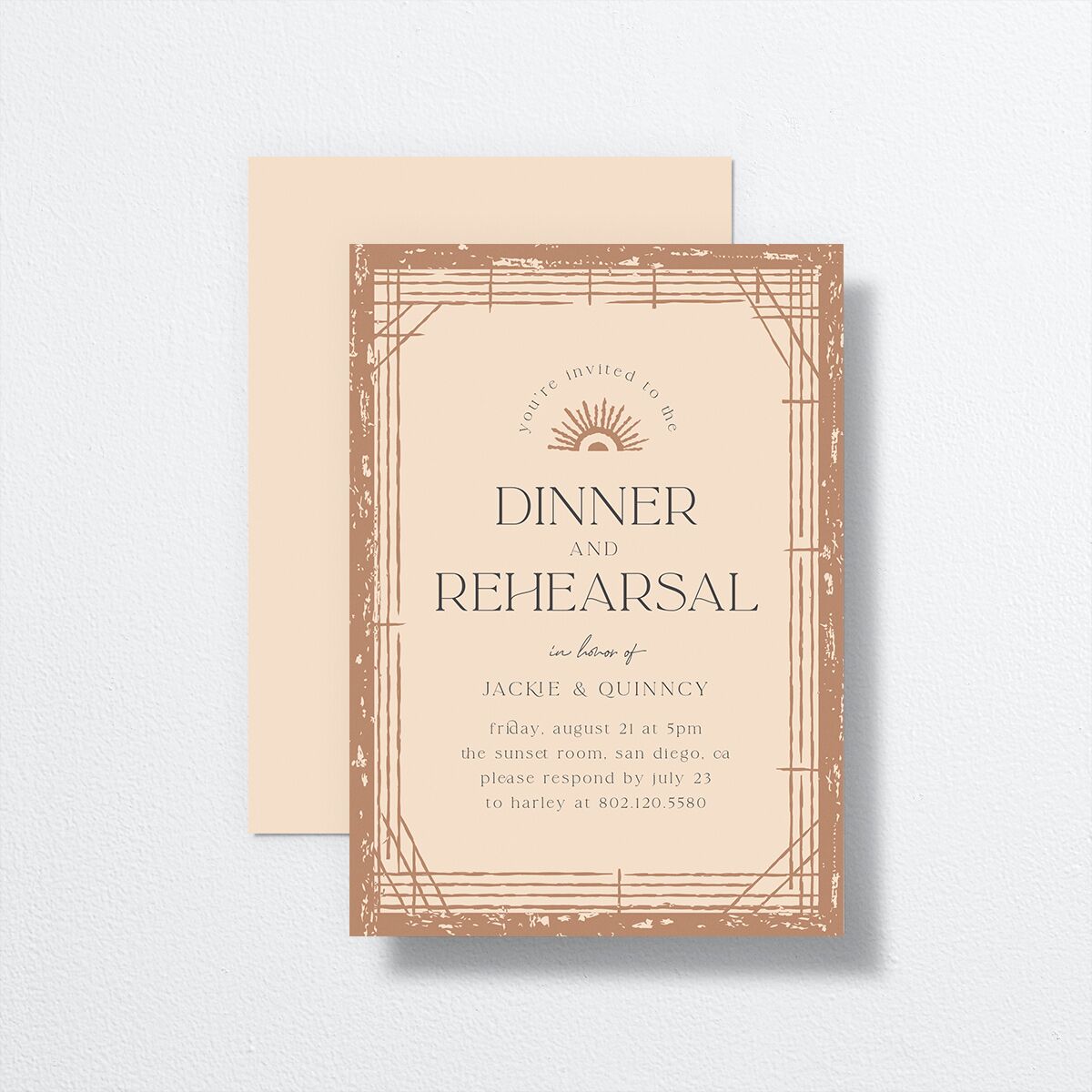 Rattan Sunshine Rehearsal Dinner Invitations front-and-back
