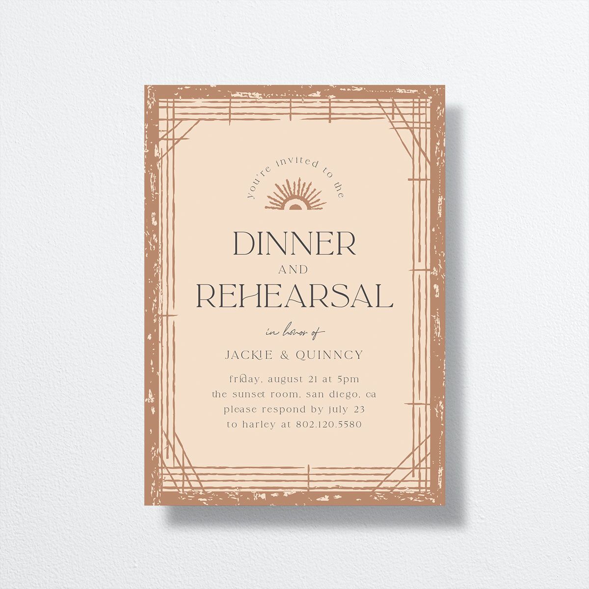 Rattan Sunshine Rehearsal Dinner Invitations front in orange