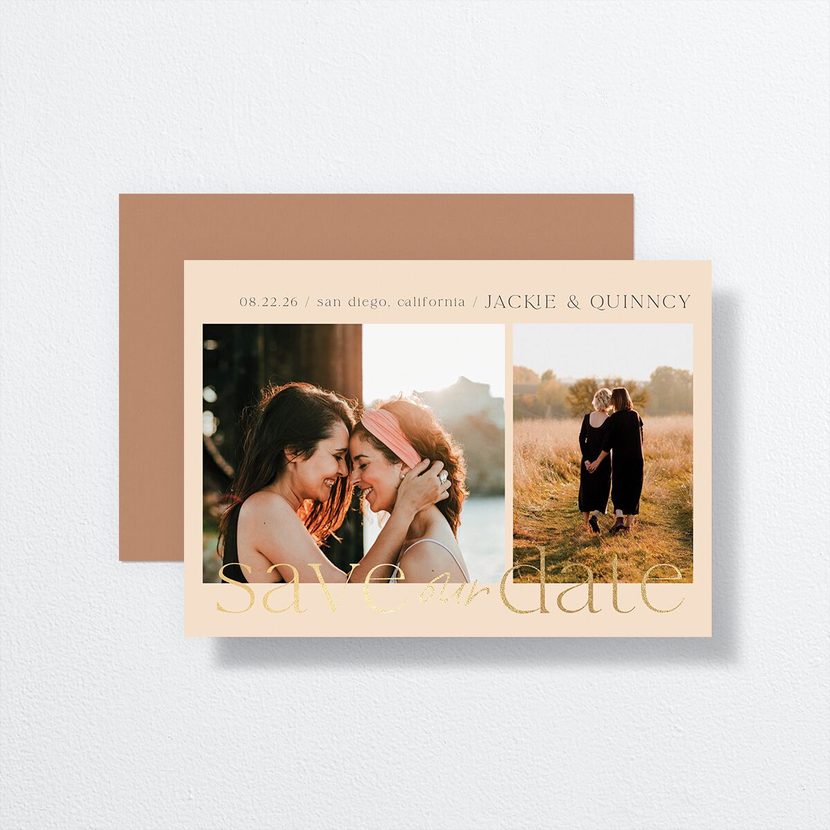 Rattan Sunshine Save the Date Cards front-and-back in orange