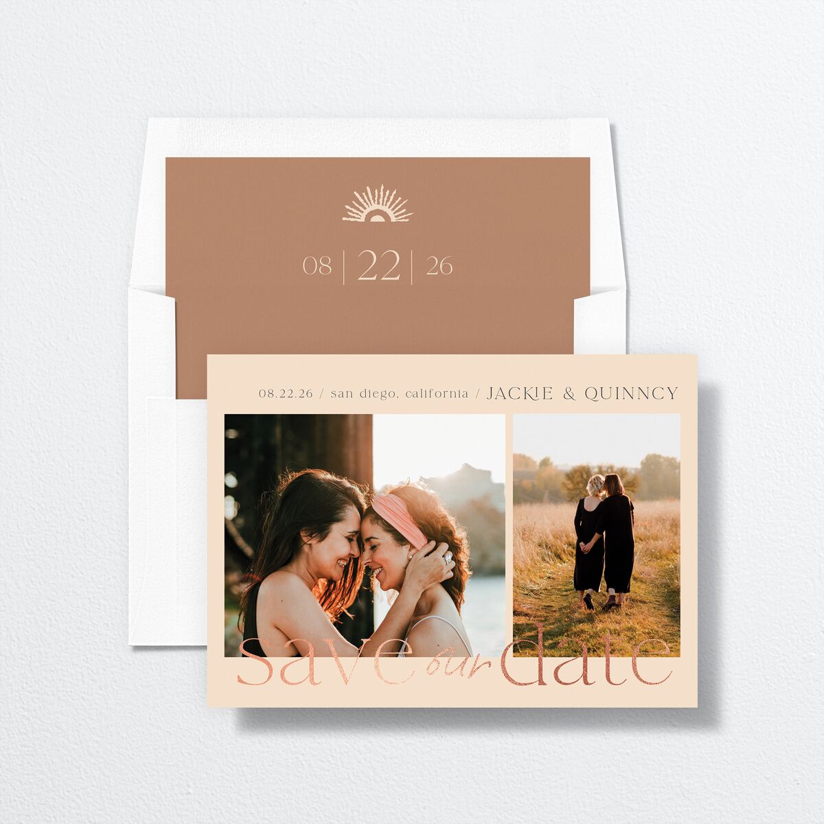 Rattan Sunshine Save the Date Cards envelope-and-liner