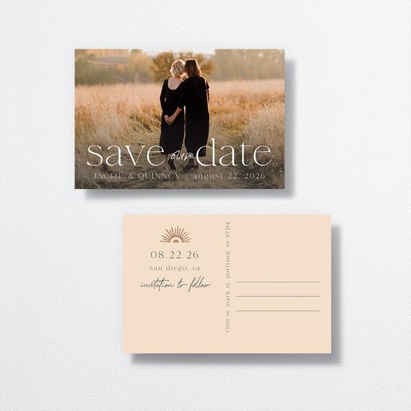 Rattan Sunshine Save the Date Postcards front-and-back in Orange