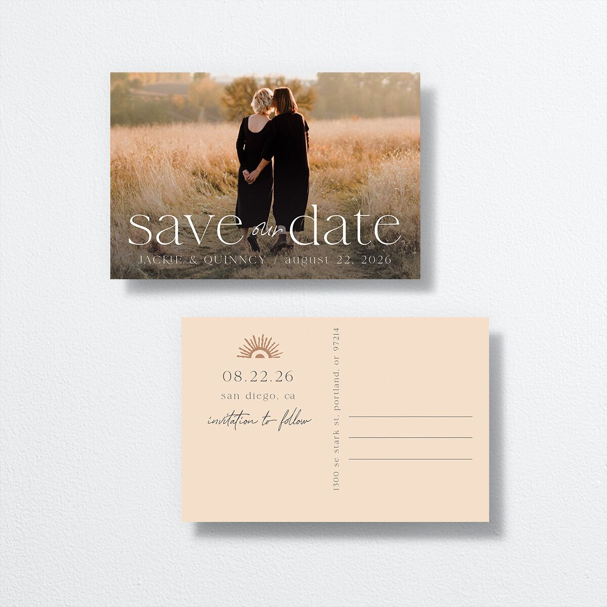 Rattan Sunshine Save the Date Postcards front-and-back in orange