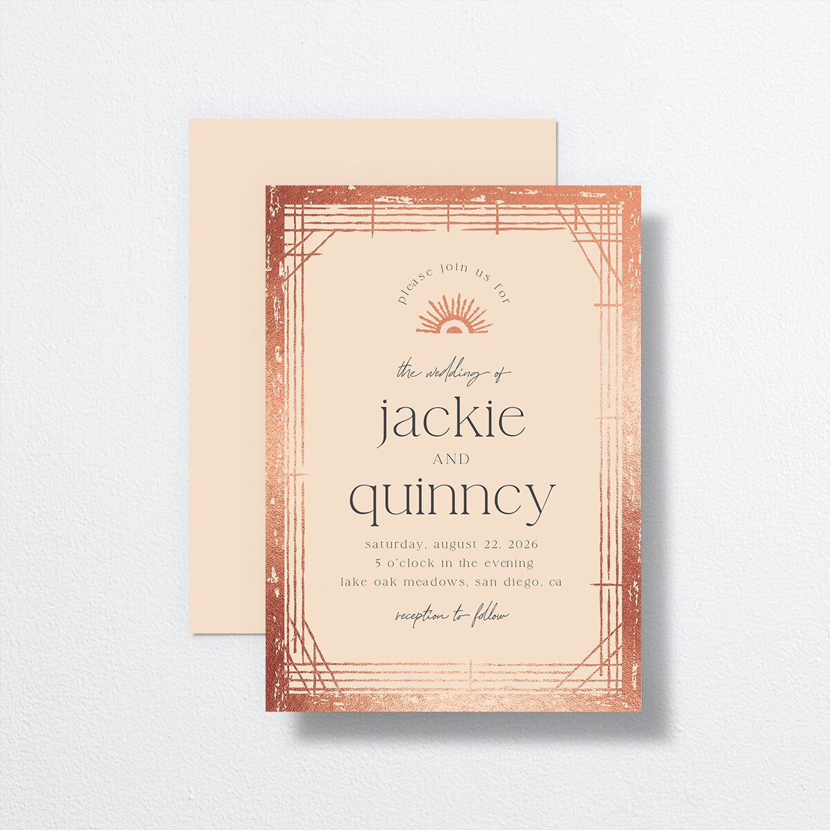 Rattan Sunshine Wedding Invitations Rose Gold Barely Peach Signature No