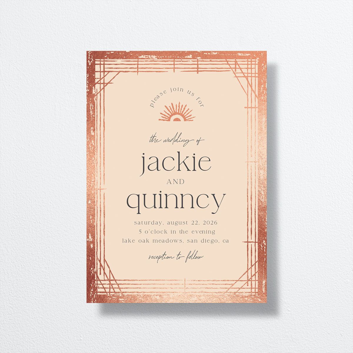 Rattan Sunshine Wedding Invitations Rose Gold Barely Peach Signature No
