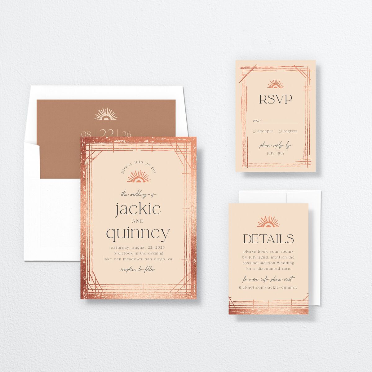 Rattan Sunshine Wedding Invitations Rose Gold Barely Peach Signature No