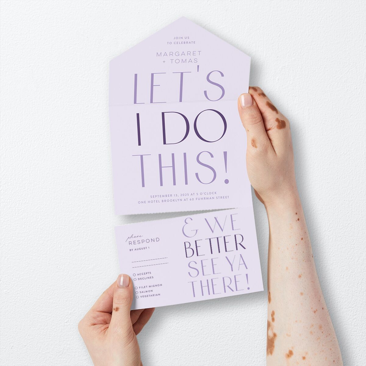 Real Talk All-in-One Wedding Invitations Sheer Lilac Signature Light Both Recipient and Return Addresses No