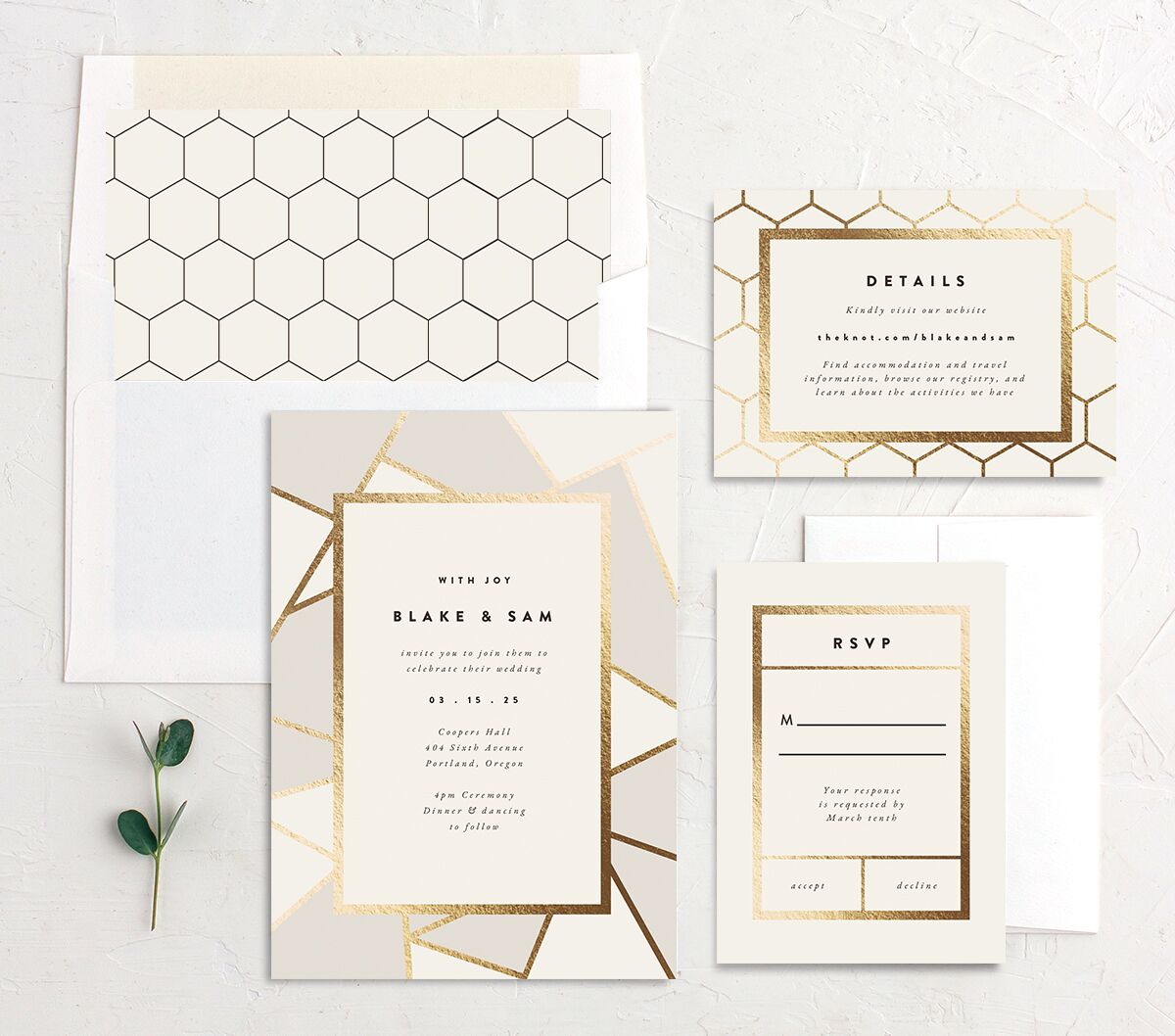 Geometric Patterns Wedding Invitations Gold Off-White Signature No