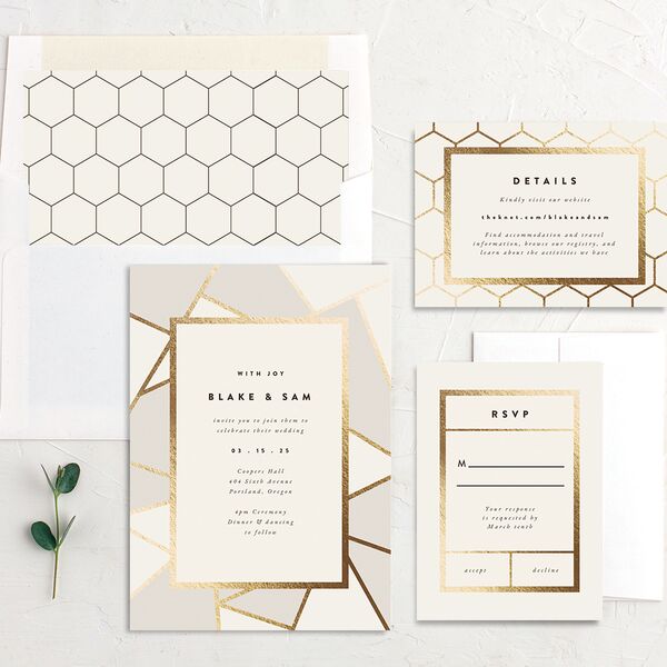 Geometric Patterns Wedding Invitations Gold Off-White Signature No