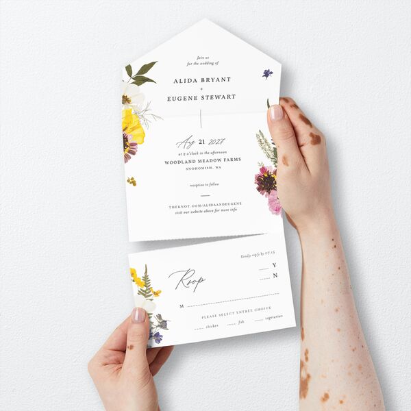 Pressed Flowers All-in-One Wedding Invitations card-and-rsvp in Yellow