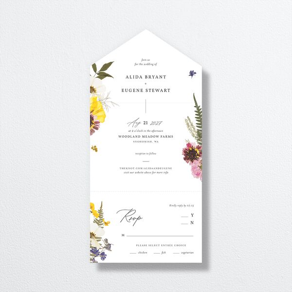 Pressed Flowers All-in-One Wedding Invitations front in Yellow