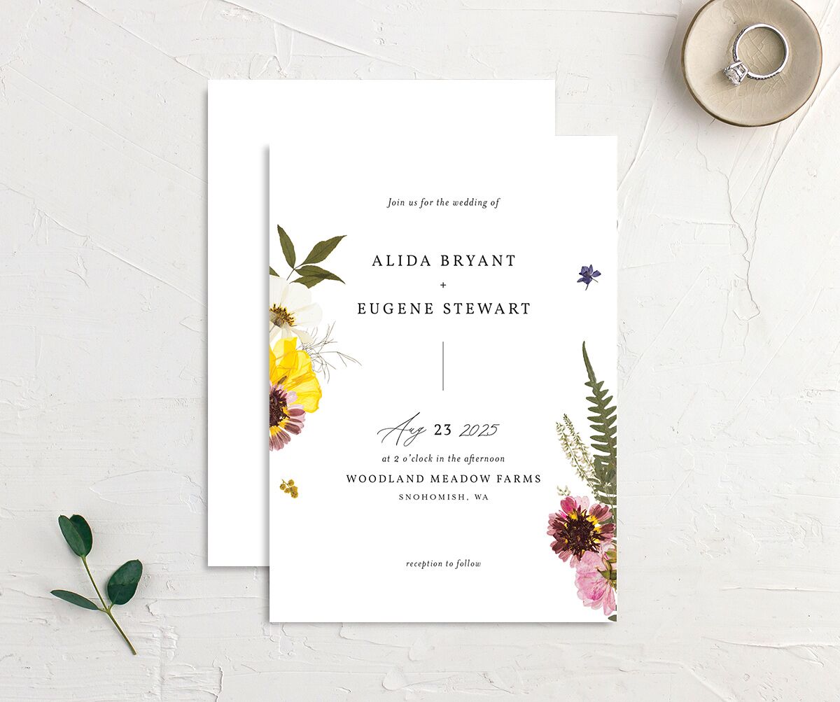 Pressed Flowers Wedding Invitations front-and-back in Yellow