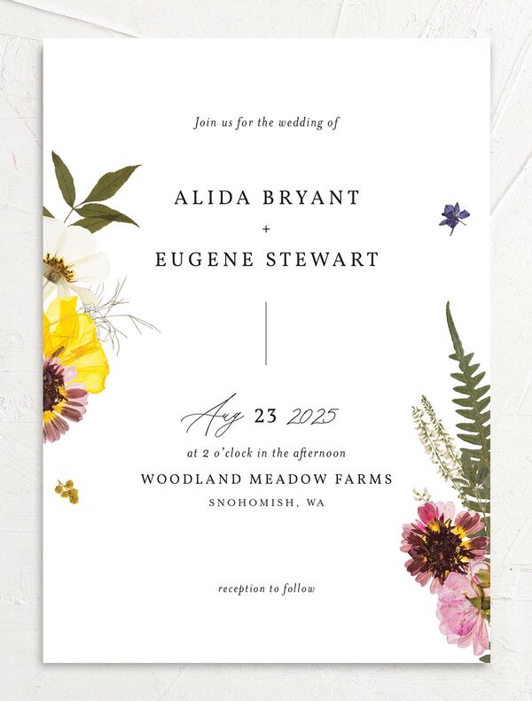 Pressed Flowers Wedding Invitations front in Yellow