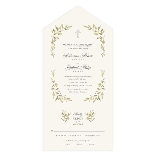 Religious Catholic Cross Greenery All-in-One Wedding Invitations Champagne Signature Light Both Recipient and Return Addresses No