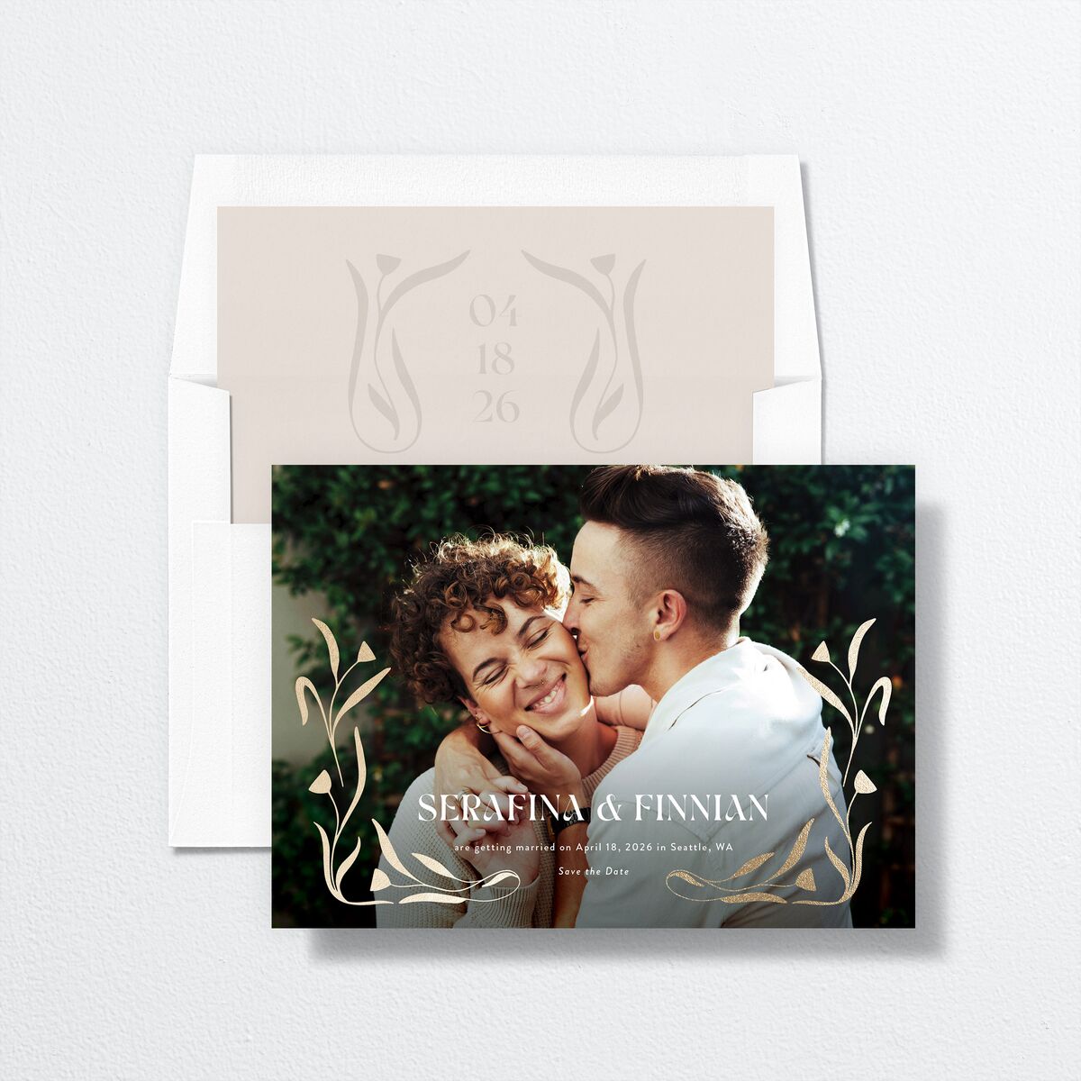 Nouveau Vines Save the Date Cards Gold Sand Signature smooth No