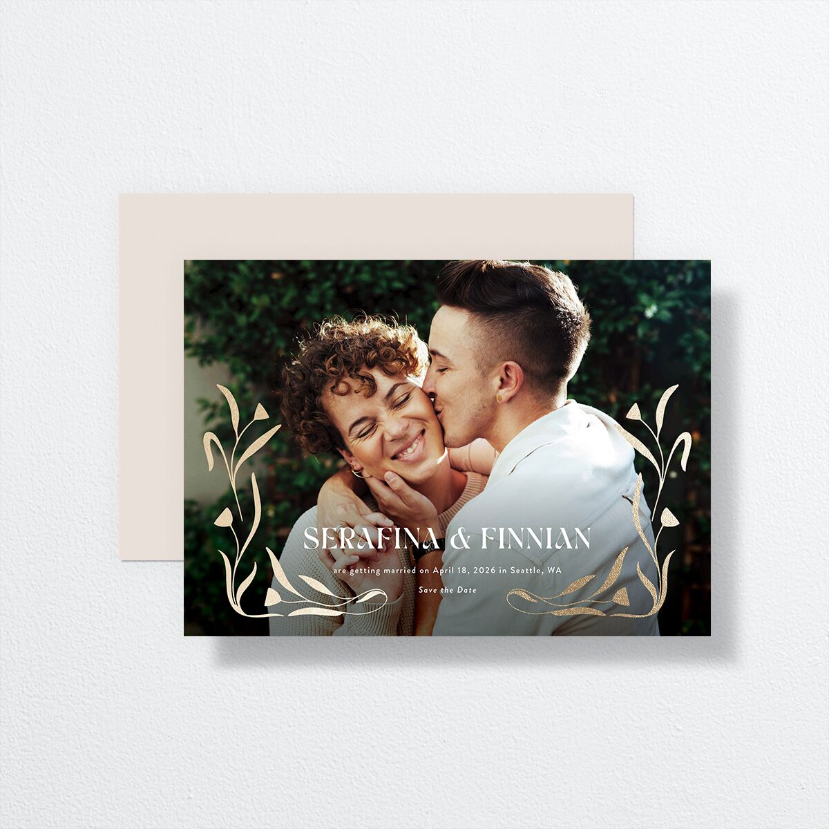 Nouveau Vines Save the Date Cards Gold Sand Signature smooth No