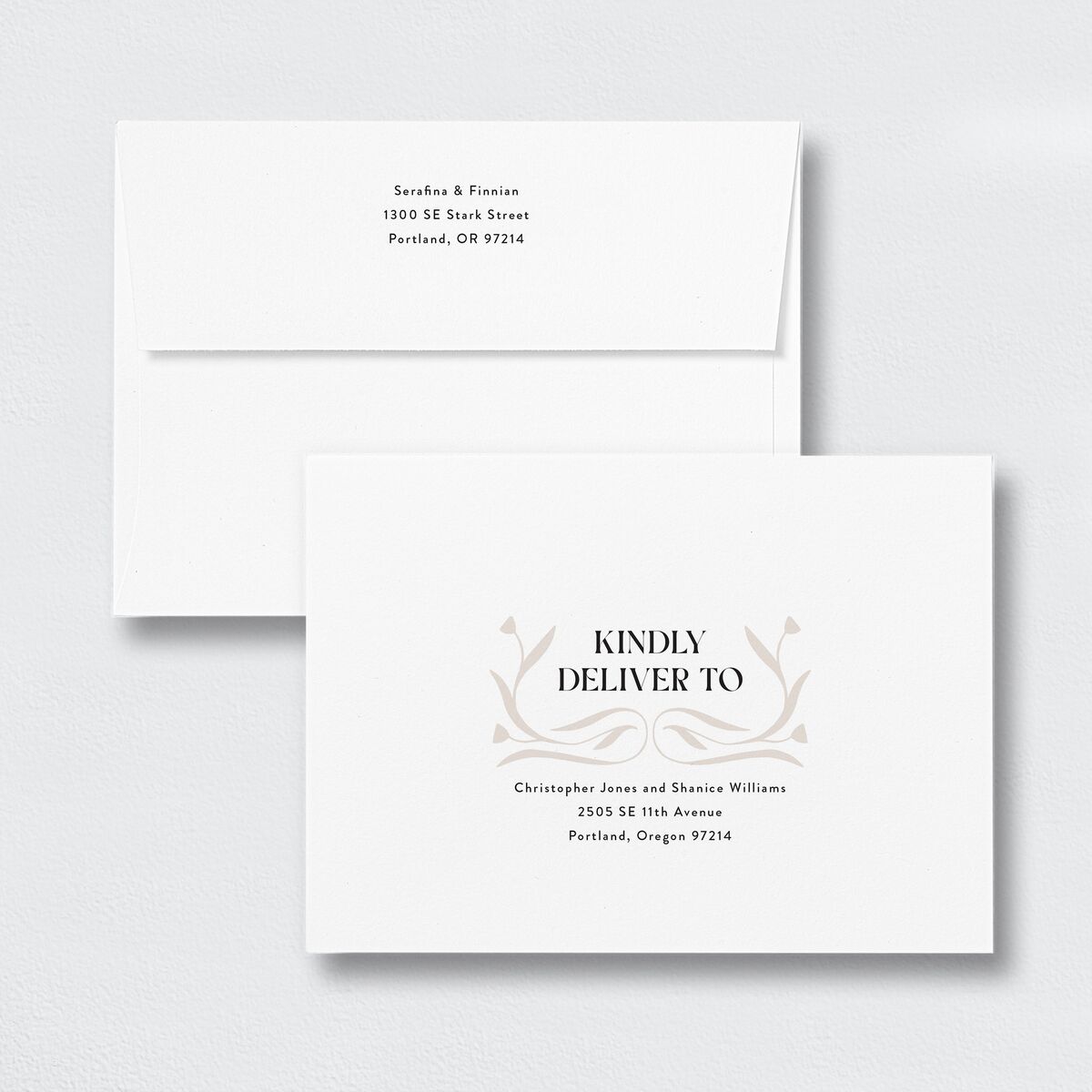 Nouveau Vines Save The Date Card Envelopes White Standard Sand Both Recipient and Return Addresses Signature