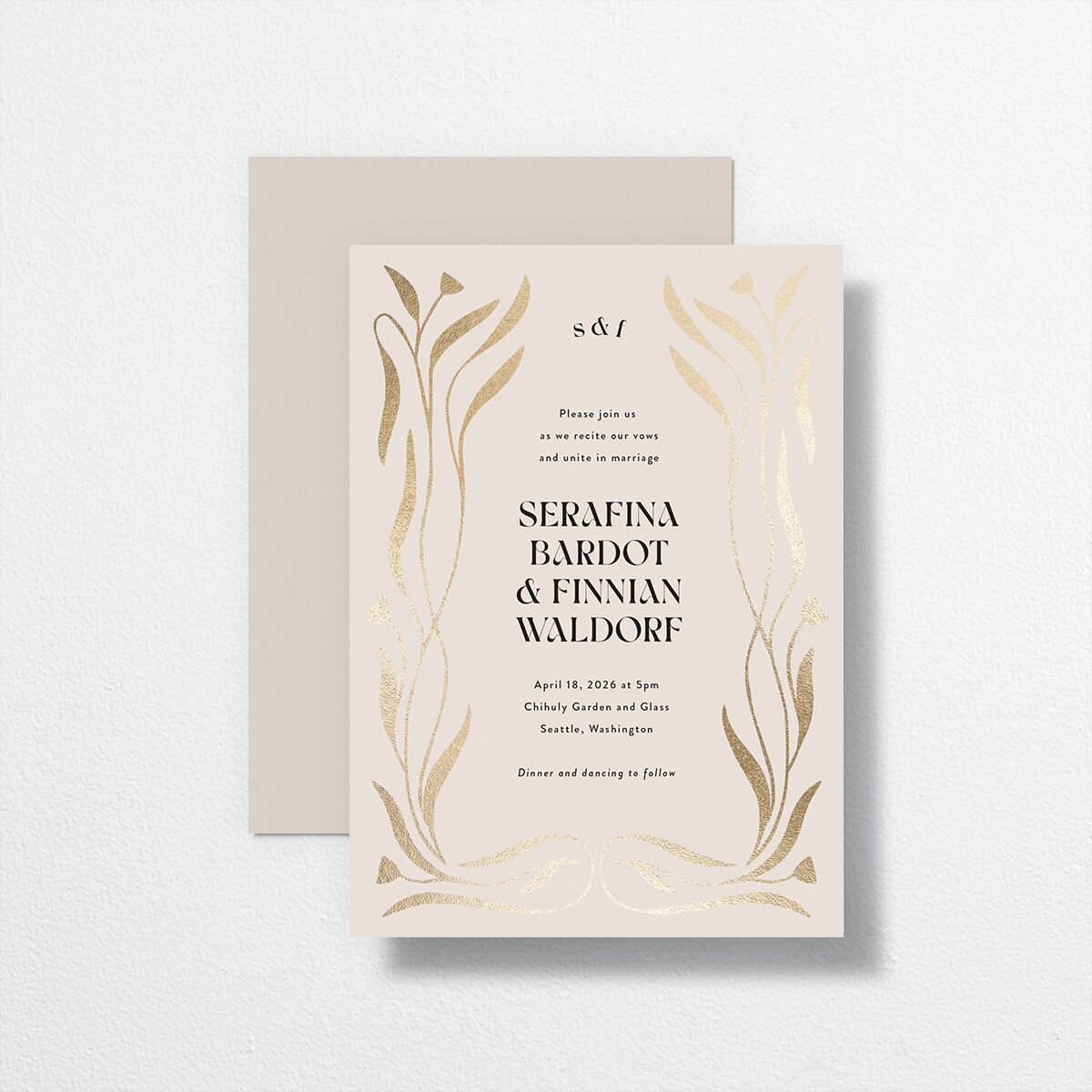 Nouveau Vines Wedding Invitations Gold Sand Signature No