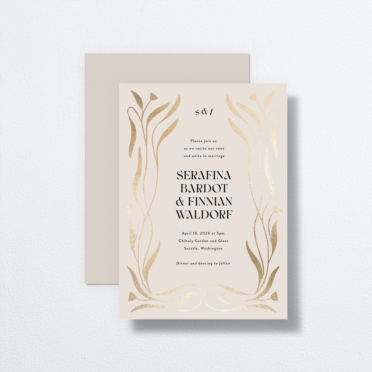 Nouveau Vines Wedding Invitations front-and-back in cream