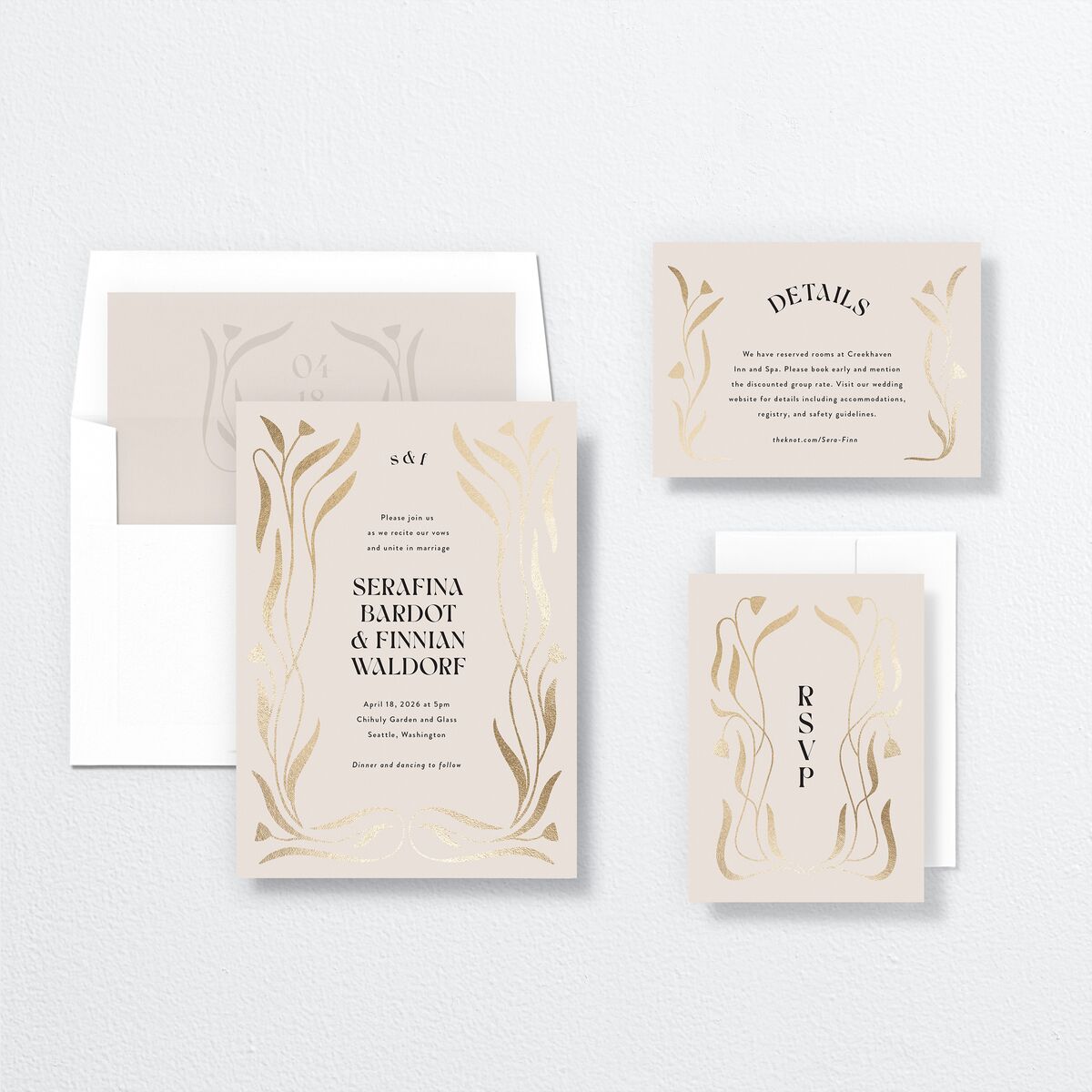 Nouveau Vines Wedding Invitations Gold Sand Signature No