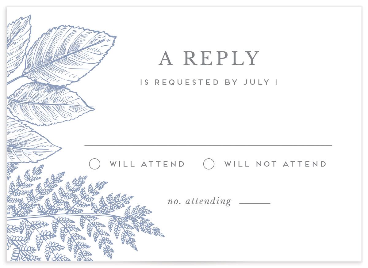 Botanical Frame Wedding Response Cards front in blue