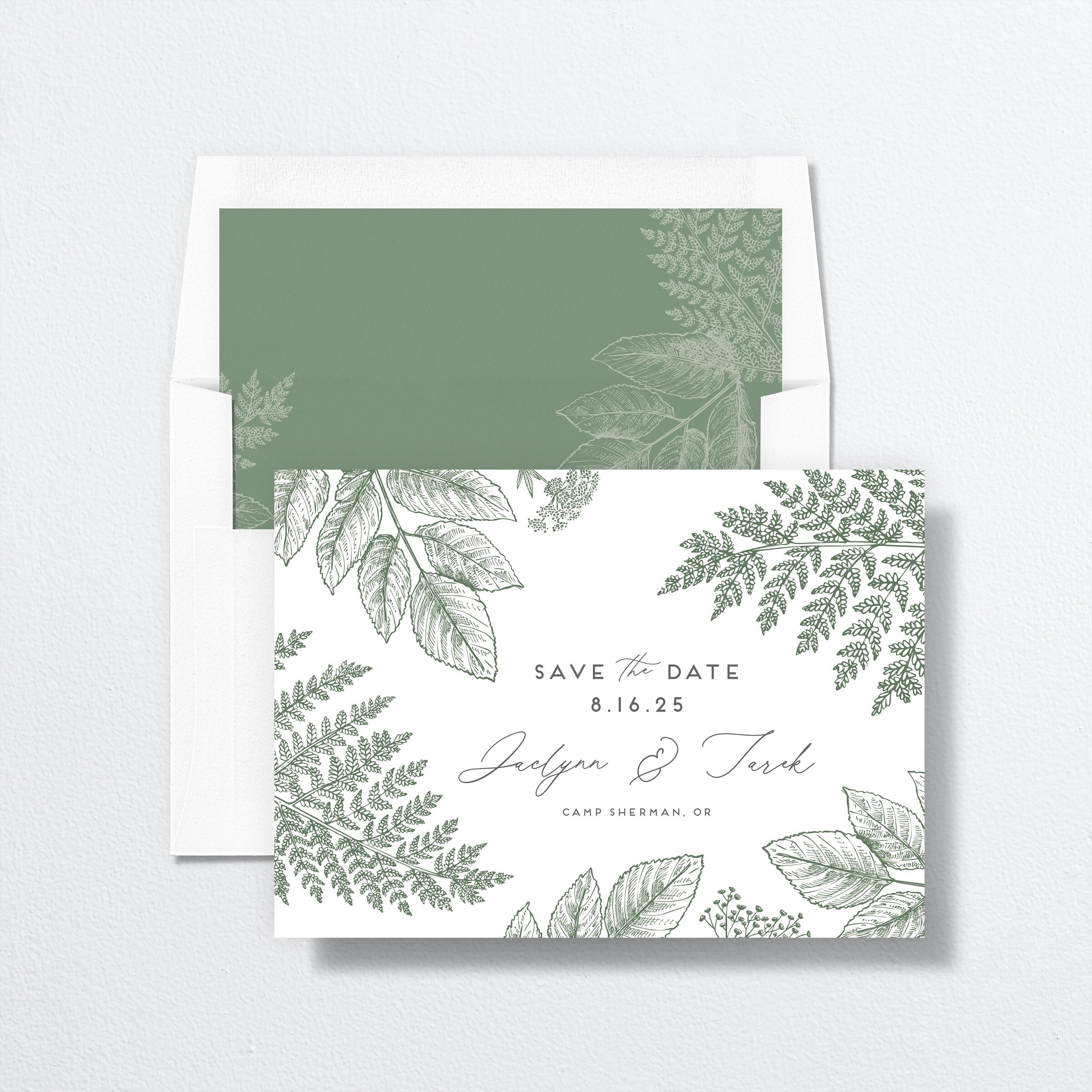 Botanical Frame Save The Date Cards envelope-and-liner in green
