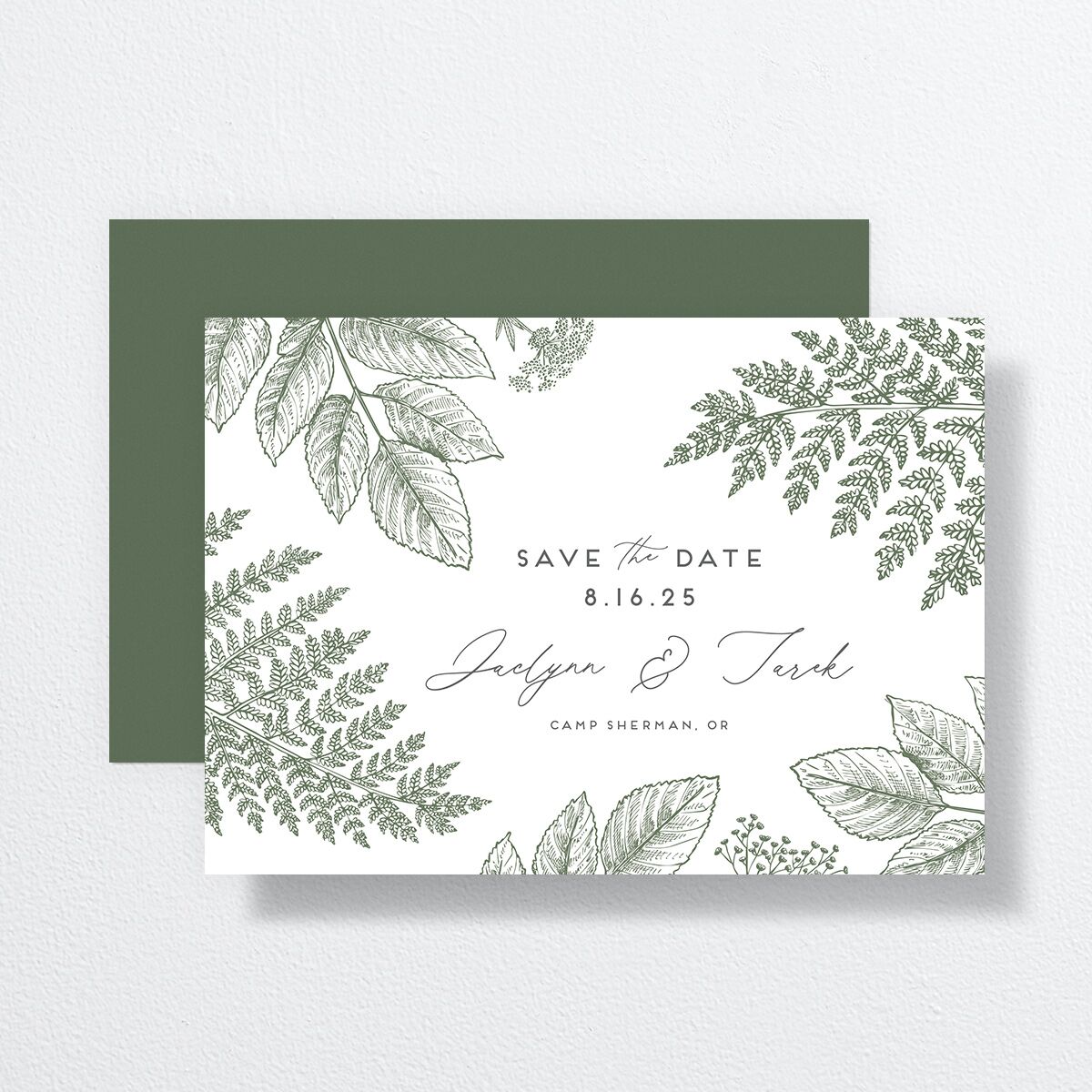 Botanical Frame Save The Date Cards front-and-back in green