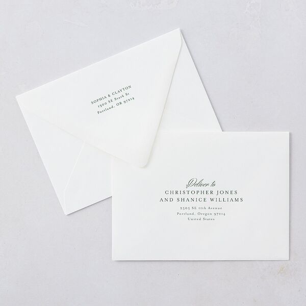Elegant Winter Pine Cone Wedding Invitation Euro Envelopes White Scottish Green Both Recipient and Return Addresses Luxe Signature