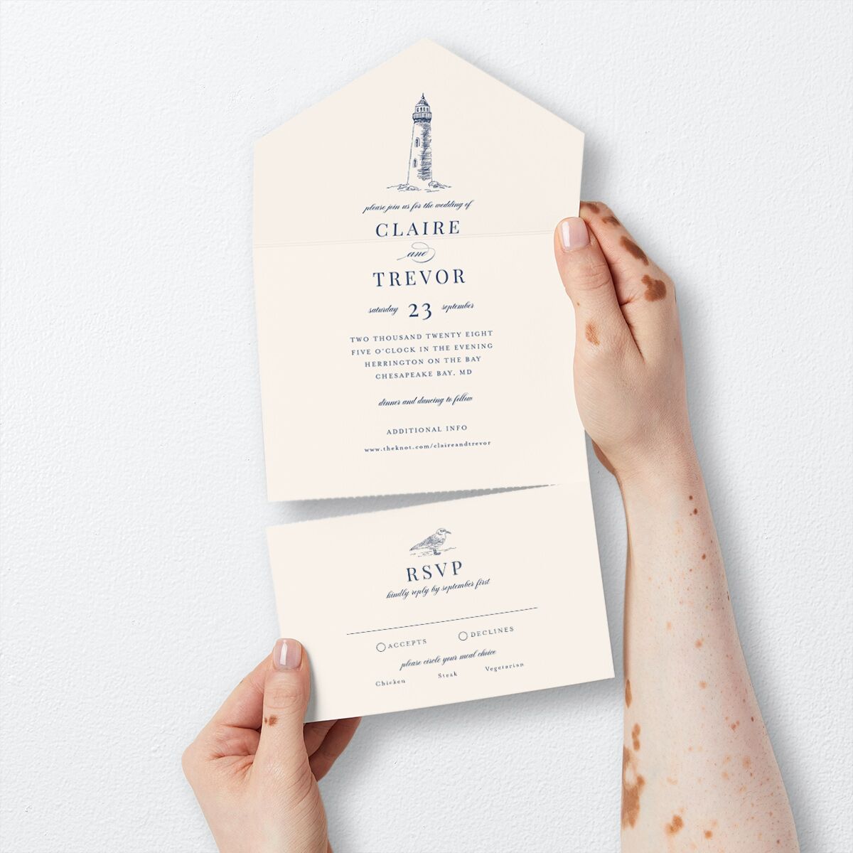 Elegant Lighthouse All-in-One Wedding Invitations Maritime Signature Light Both Recipient and Return Addresses No