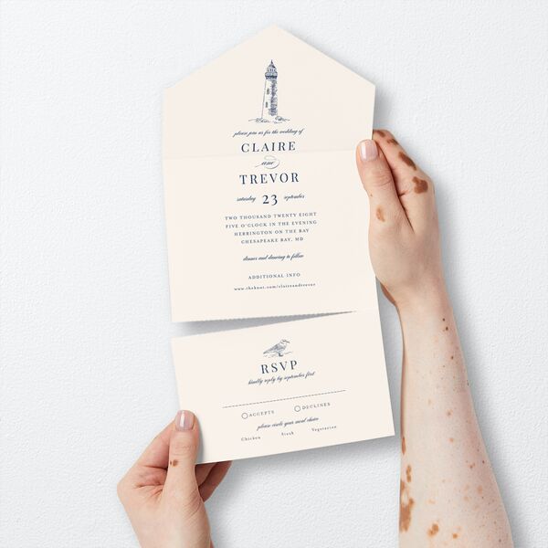 Elegant Lighthouse All-in-One Wedding Invitations Maritime Signature Light Both Recipient and Return Addresses No