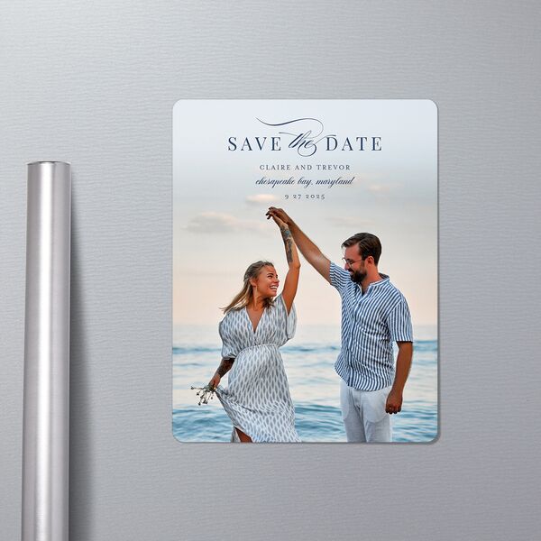 Elegant Lighthouse Save The Date Magnets in-situ in Blue