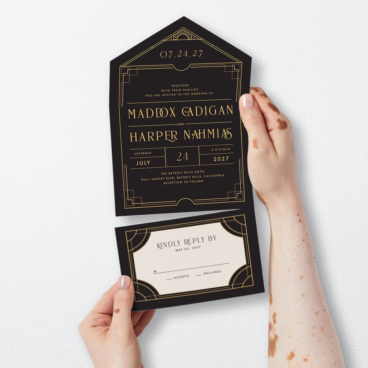 Vintage Hollywood All-in-One Wedding Invitations Licorice Signature Light Both Recipient and Return Addresses No