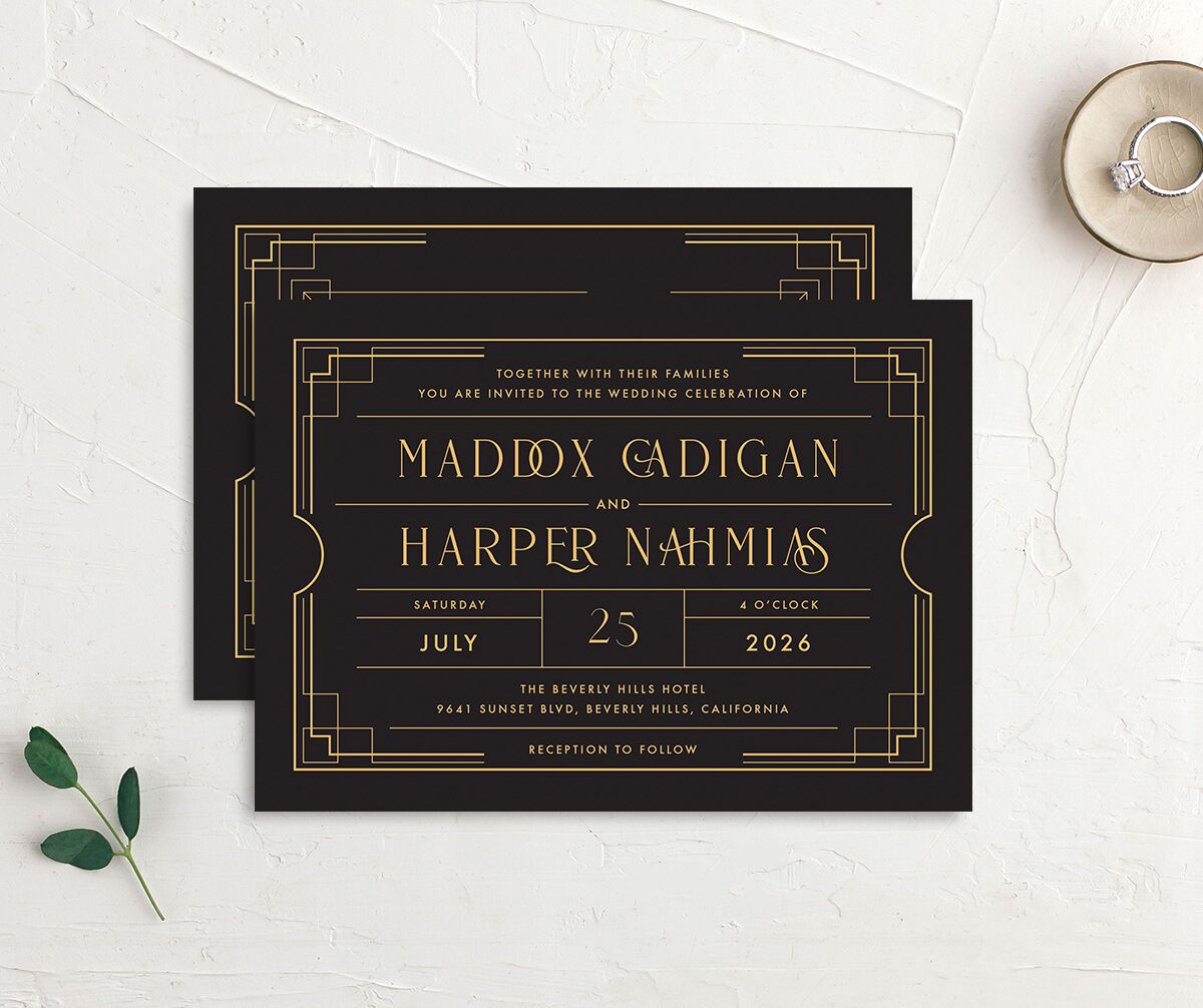 Vintage Hollywood Wedding Invitations front-and-back in black