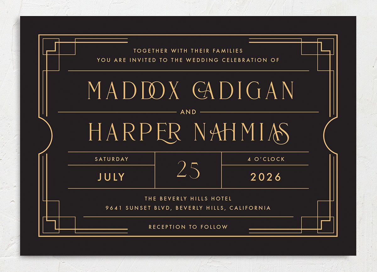 Vintage Hollywood Wedding Invitations front in black