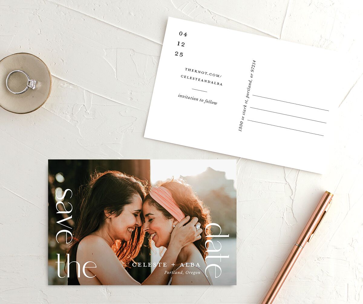 Vertical Vow Save The Date Postcards front-and-back