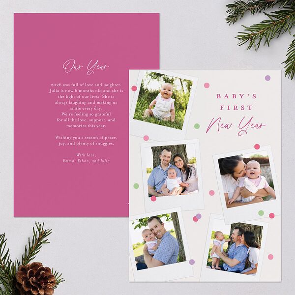 Baby's First New Year Instant Film Confetti Holiday Cards Mulberry Signature Blank Portrait Standard