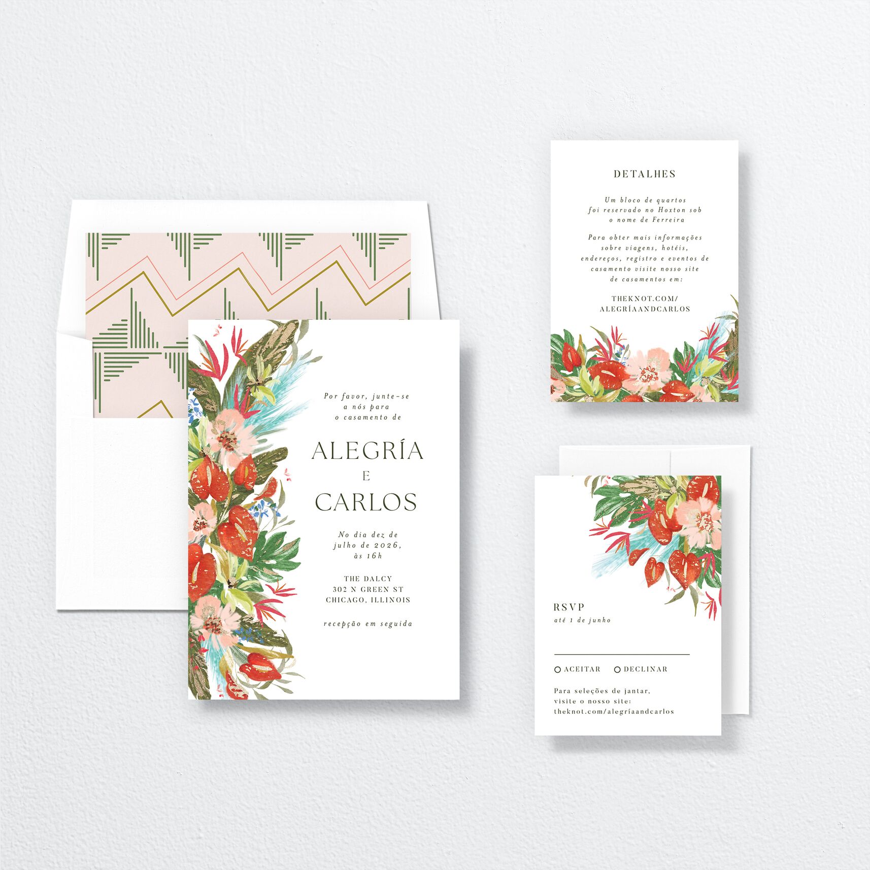 Flores Tropicais Wedding Invitations suite in red