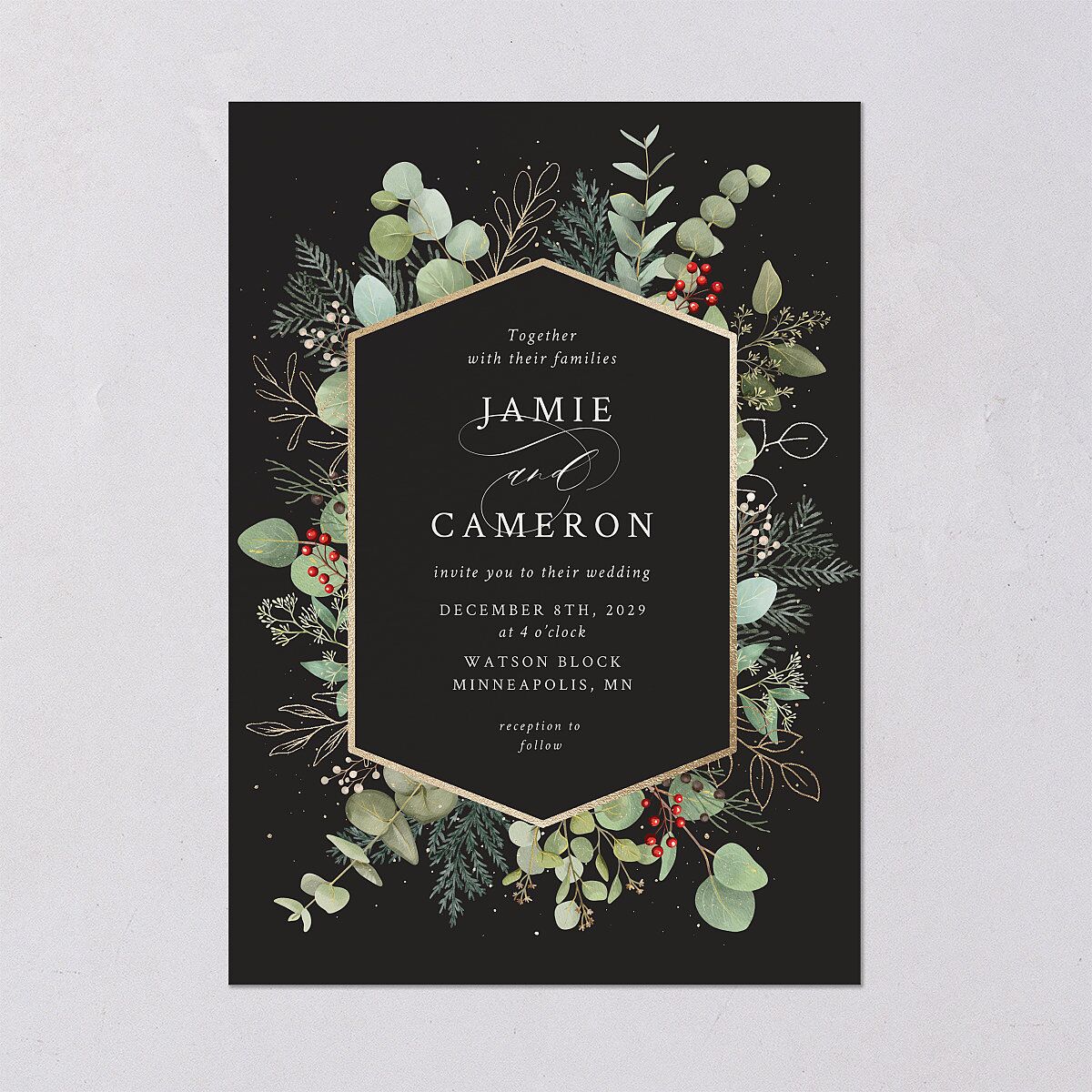 Elegant Eucalyptus Christmas Foil Wedding Invitations Gold Licorice Signature Blank No Standard