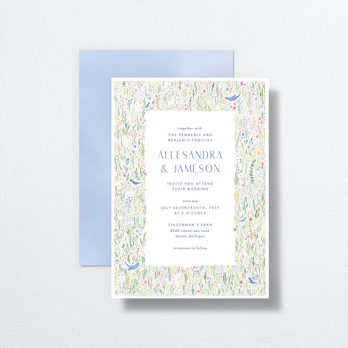 Cottage Wildflowers Wedding Invitations front-and-back in blue