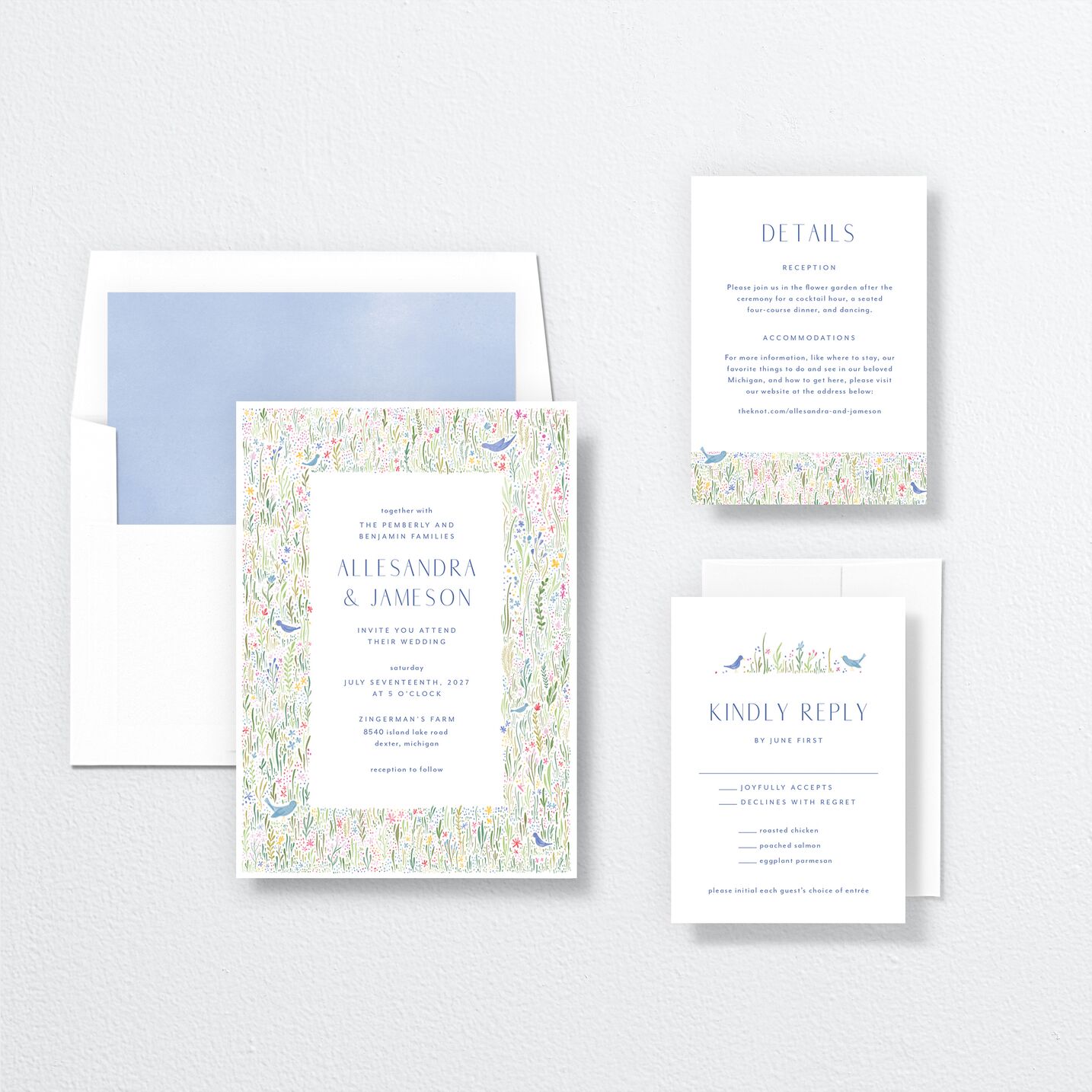 Cottage Wildflowers Wedding Invitations suite in blue